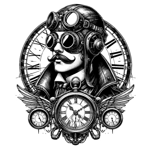 Steampunk portrét muže s brýlemi a ozubenými koly.